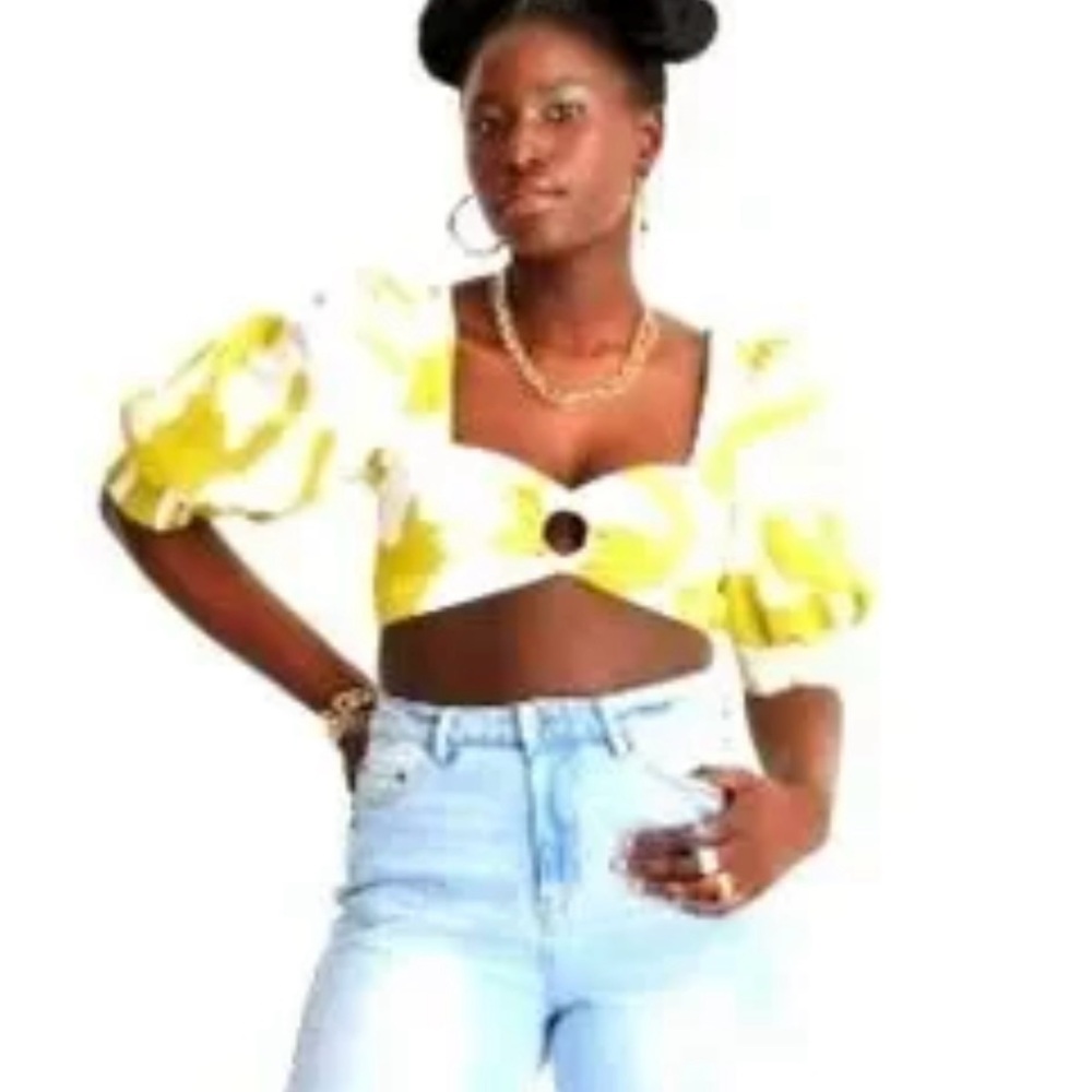 Future Collective Puff Sleeve Crop Top With Tropical Pattern Womens Size L